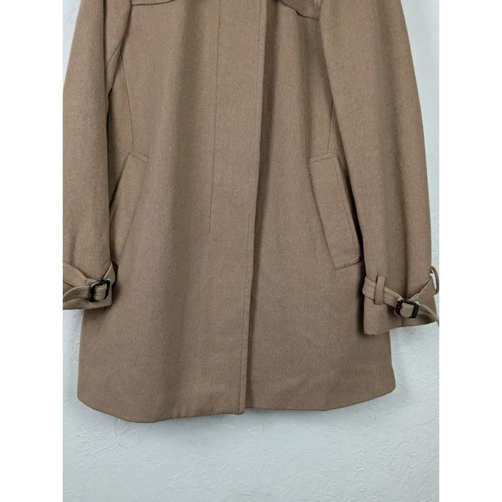 Y2K J Crew Wool OverCoat Womens Sz 4 Tan Camel Lined Winter‎ Jacket Hood Collar